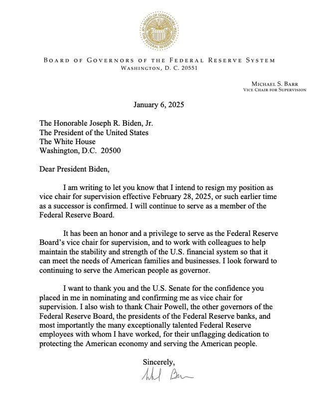 The Federal Reserve announced in an official statement that Michael Barr, the current Vice Chairman of Supervision, has decided to resign from the position on February 28th