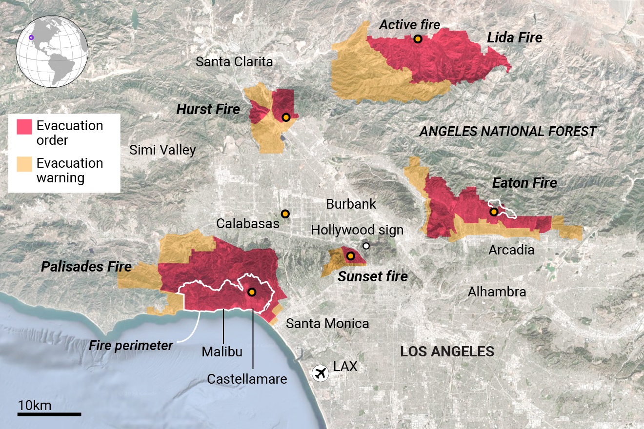 Six major fires have broken out in the Los Angeles area