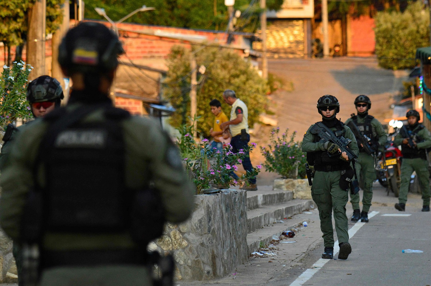 Police patrol the streets of Tivu, Norte Santander province, northern Colombia