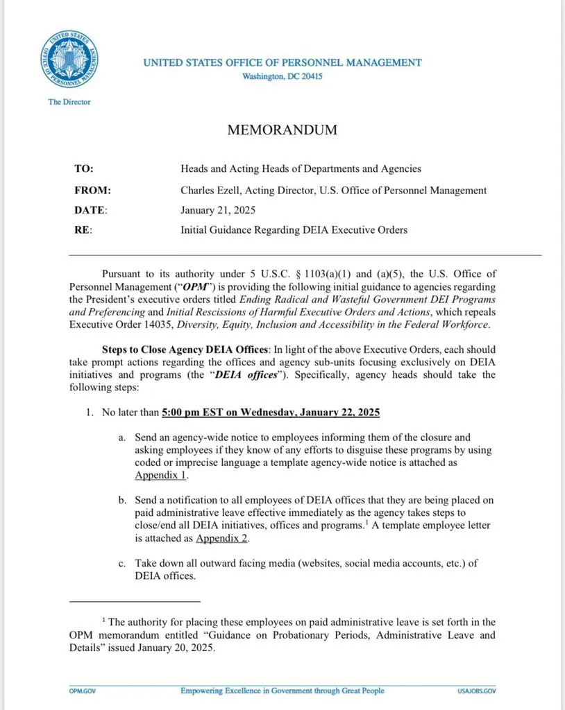 Trump ordered all DEI offices in federal government agencies to close by 5 p.m. on Wednesday, and all DEI employees were placed on leave.